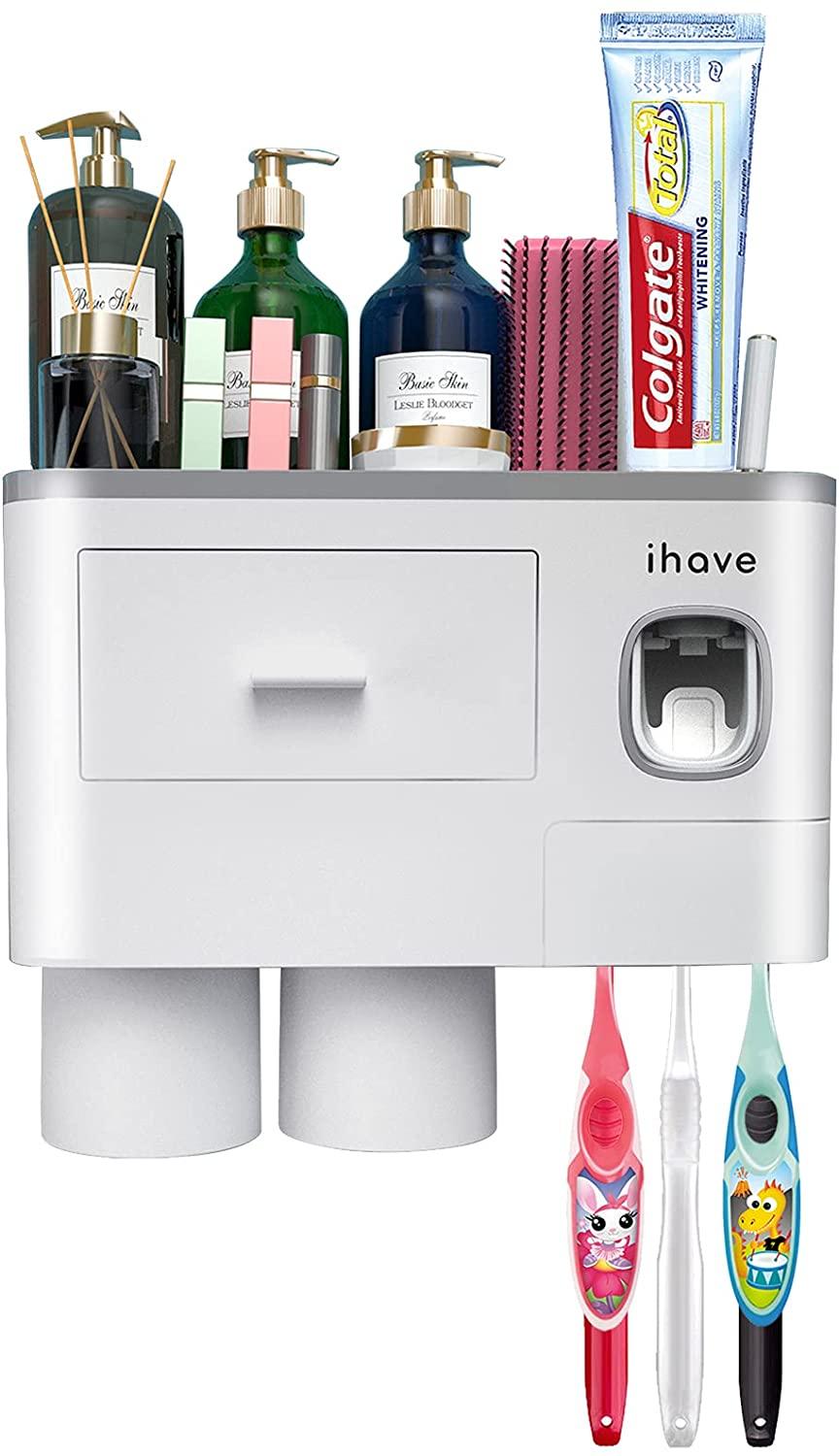 iHave Toothbrush Holders, 4 Cups Toothbrush Holder Wall Mounted with Toothpaste Dispenser, Large Capacity Tray, 2 Cosmetic Drawer and 7 Brush Slots with Cover - Etyn Online {{ product_tag }}