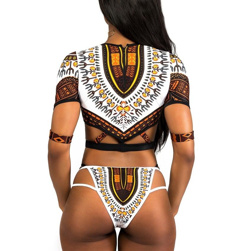 African Dashiki Print Short Sleeve Swimsuit Bikini Set - Etyn Online {{ product_tag }}