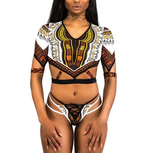 African Dashiki Print Short Sleeve Swimsuit Bikini Set - Etyn Online {{ product_tag }}