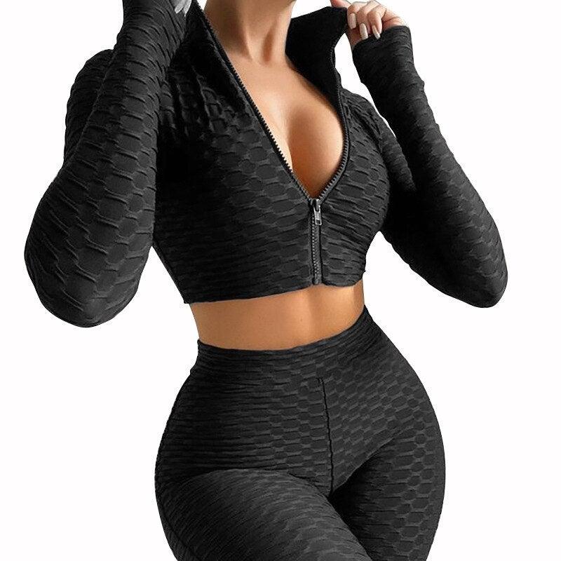 Women's Tracksuits Fashion Tight-fitting Solid Color Zipper Long-sleeved Tops +High Waist Shorts - Etyn Online {{ product_tag }}