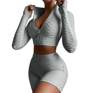 Women's Tracksuits Fashion Tight-fitting Solid Color Zipper Long-sleeved Tops +High Waist Shorts - Etyn Online {{ product_tag }}