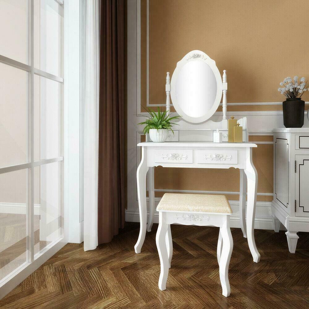 White Vanity Makeup Dressing Table Set w/Stool 4 Drawer & Mirror Jewelry Wood Desk - Etyn Online {{ product_tag }}
