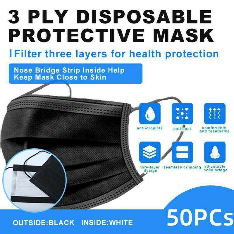50 Pcs Black 3-Ply Face Mask Disposable Non Medical Surgical Earloop Mouth Cover - Etyn Online {{ product_tag }}