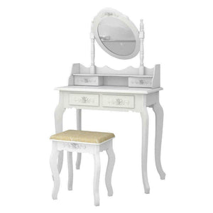 White Vanity Makeup Dressing Table Set w/Stool 4 Drawer & Mirror Jewelry Wood Desk - Etyn Online {{ product_tag }}