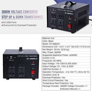 3000W Step Up Transformer 110V to 220V Step Down Transformer 220V to 110V w USB - Etyn Online {{ product_tag }}